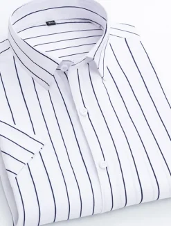 New OUKU Men's Dress Shirt Striped Shirt Plaid / Striped / Chevron / Round Wedding Office & Career Black White Dark Navy Navy Blue Short Sleeve Shirt Collar Spring & Summer Clothing Apparel