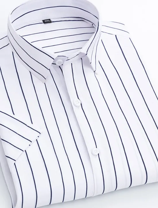 New OUKU Men's Dress Shirt Striped Shirt Plaid / Striped / Chevron / Round Wedding Office & Career Black White Dark Navy Navy Blue Short Sleeve Shirt Collar Spring & Summer Clothing Apparel