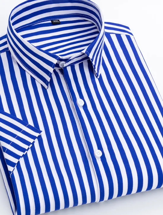 New OUKU Men's Dress Shirt Striped Shirt Plaid / Striped / Chevron / Round Wedding Office & Career Black White Dark Navy Navy Blue Short Sleeve Shirt Collar Spring & Summer Clothing Apparel