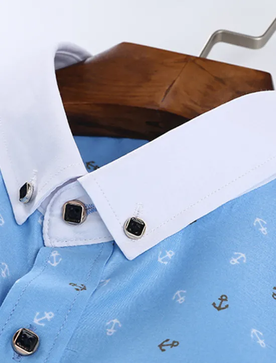 New OUKU Men's Dress Shirt Striped Shirt Plaid / Striped / Chevron / Round Wedding Office & Career Black White Dark Navy Navy Blue Short Sleeve Shirt Collar Spring & Summer Clothing Apparel