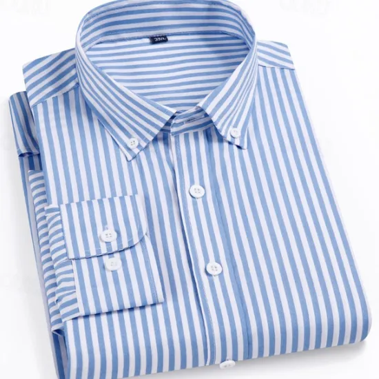Online OUKU Men's Dress Shirt Striped Shirt Wrinkle Resistant Stretch Wedding Outdoor Light Blue Black Yellow Navy Blue Long Sleeve Collar Summer Spring Clothing Apparel