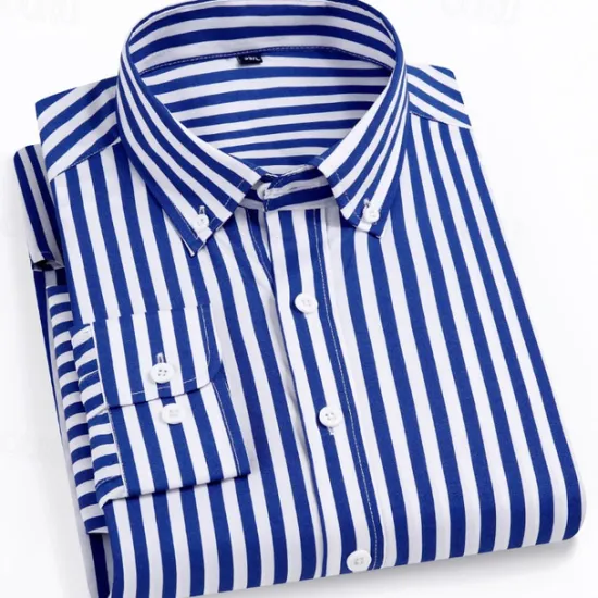 Online OUKU Men's Dress Shirt Striped Shirt Wrinkle Resistant Stretch Wedding Outdoor Light Blue Black Yellow Navy Blue Long Sleeve Collar Summer Spring Clothing Apparel