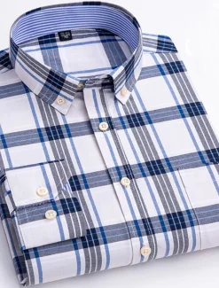 New OUKU Men's Dress Shirt Striped Shirt Button Down Shirt Non Iron Shirt Oxford Shirt Plaid / Striped / Chevron / Round Wedding Office & Career Light Blue Dark Red Red Dark Navy Long Sleeve Shirt Collar All