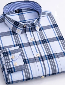 New OUKU Men's Dress Shirt Striped Shirt Button Down Shirt Non Iron Shirt Oxford Shirt Plaid / Striped / Chevron / Round Wedding Office & Career Light Blue Dark Red Red Dark Navy Long Sleeve Shirt Collar All