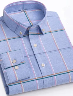 New OUKU Men's Dress Shirt Striped Shirt Button Down Shirt Non Iron Shirt Oxford Shirt Plaid / Striped / Chevron / Round Wedding Office & Career Light Blue Dark Red Red Dark Navy Long Sleeve Shirt Collar All