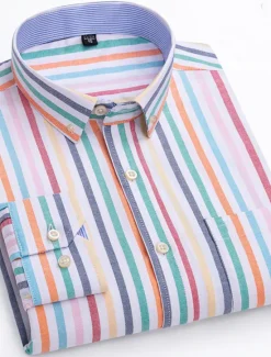 New OUKU Men's Dress Shirt Striped Shirt Button Down Shirt Non Iron Shirt Oxford Shirt Plaid / Striped / Chevron / Round Wedding Office & Career Light Blue Dark Red Red Dark Navy Long Sleeve Shirt Collar All