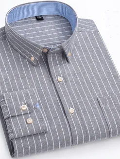 New OUKU Men's Dress Shirt Striped Shirt Button Down Shirt Non Iron Shirt Oxford Shirt Plaid / Striped / Chevron / Round Wedding Office & Career Light Blue Dark Red Red Dark Navy Long Sleeve Shirt Collar All