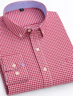 New OUKU Men's Dress Shirt Striped Shirt Button Down Shirt Non Iron Shirt Oxford Shirt Plaid / Striped / Chevron / Round Wedding Office & Career Light Blue Dark Red Red Dark Navy Long Sleeve Shirt Collar All