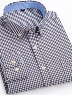 New OUKU Men's Dress Shirt Striped Shirt Button Down Shirt Non Iron Shirt Oxford Shirt Plaid / Striped / Chevron / Round Wedding Office & Career Light Blue Dark Red Red Dark Navy Long Sleeve Shirt Collar All