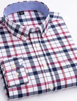 New OUKU Men's Dress Shirt Striped Shirt Button Down Shirt Non Iron Shirt Oxford Shirt Plaid / Striped / Chevron / Round Wedding Office & Career Light Blue Dark Red Red Dark Navy Long Sleeve Shirt Collar All