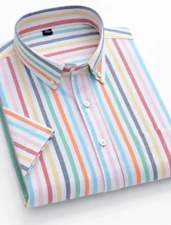 OUKU Men's Dress Shirt Striped Shirt Button Down Shirt Oxford Shirt Stripe Wedding Office & Career Black Light Green Royal Blue Blue Short Sleeve Shirt Collar Summer Clothing Apparel Print