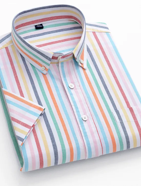 OUKU Men's Dress Shirt Striped Shirt Button Down Shirt Oxford Shirt Stripe Wedding Office & Career Black Light Green Royal Blue Blue Short Sleeve Shirt Collar Summer Clothing Apparel Print