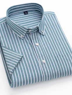 OUKU Men's Dress Shirt Striped Shirt Button Down Shirt Oxford Shirt Stripe Wedding Office & Career Black Light Green Royal Blue Blue Short Sleeve Shirt Collar Summer Clothing Apparel Print