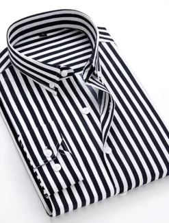 OUKU Men's Dress Shirt Striped Shirt Button Down Shirt Collared Shirt Striped Wedding Daily Black White Red Navy Blue Long Sleeve Classic Collar Clothing Apparel