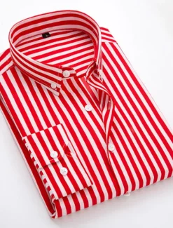 OUKU Men's Dress Shirt Striped Shirt Button Down Shirt Collared Shirt Striped Wedding Daily Black White Red Navy Blue Long Sleeve Classic Collar Clothing Apparel
