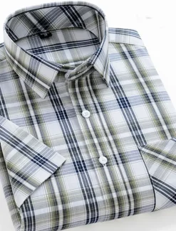 Discount OUKU Men's Dress Shirt Stripes and Plaid Office & Career Office Party Light Blue Black Dark Red Yellow Short Sleeve Turndown Spring & Summer Clothing Apparel