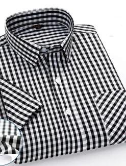 Discount OUKU Men's Dress Shirt Stripes and Plaid Office & Career Office Party Light Blue Black Dark Red Yellow Short Sleeve Turndown Spring & Summer Clothing Apparel