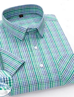 Discount OUKU Men's Dress Shirt Stripes and Plaid Office & Career Office Party Light Blue Black Dark Red Yellow Short Sleeve Turndown Spring & Summer Clothing Apparel