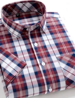 Discount OUKU Men's Dress Shirt Stripes and Plaid Office & Career Office Party Light Blue Black Dark Red Yellow Short Sleeve Turndown Spring & Summer Clothing Apparel