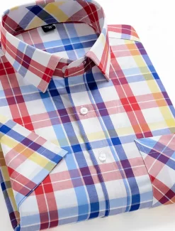 Discount OUKU Men's Dress Shirt Stripes and Plaid Office & Career Office Party Light Blue Black Dark Red Yellow Short Sleeve Turndown Spring & Summer Clothing Apparel