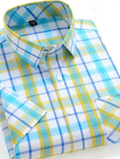 Discount OUKU Men's Dress Shirt Stripes and Plaid Office & Career Office Party Light Blue Black Dark Red Yellow Short Sleeve Turndown Spring & Summer Clothing Apparel