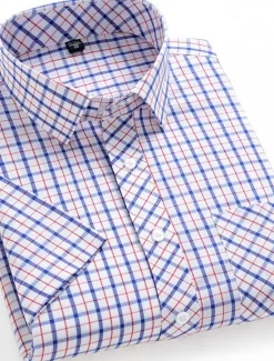Discount OUKU Men's Dress Shirt Stripes and Plaid Office & Career Office Party Light Blue Black Dark Red Yellow Short Sleeve Turndown Spring & Summer Clothing Apparel
