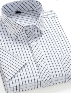 Discount OUKU Men's Dress Shirt Stripes and Plaid Office & Career Office Party Light Blue Black Dark Red Yellow Short Sleeve Turndown Spring & Summer Clothing Apparel