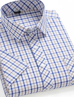 Discount OUKU Men's Dress Shirt Stripes and Plaid Office & Career Office Party Light Blue Black Dark Red Yellow Short Sleeve Turndown Spring & Summer Clothing Apparel