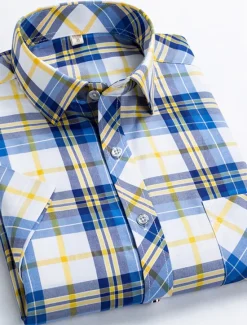 Online OUKU Men's Dress Shirt Stripes and Plaid Wedding Office & Career Yellow Dark Pink Blue Sky Blue Short Sleeve Turndown Spring & Summer Clothing Apparel