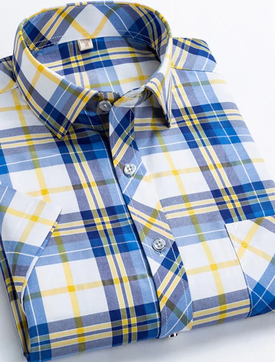 Online OUKU Men's Dress Shirt Stripes and Plaid Wedding Office & Career Yellow Dark Pink Blue Sky Blue Short Sleeve Turndown Spring & Summer Clothing Apparel