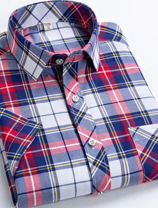 Online OUKU Men's Dress Shirt Stripes and Plaid Wedding Office & Career Yellow Dark Pink Blue Sky Blue Short Sleeve Turndown Spring & Summer Clothing Apparel