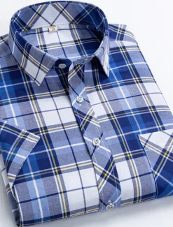 Online OUKU Men's Dress Shirt Stripes and Plaid Wedding Office & Career Yellow Dark Pink Blue Sky Blue Short Sleeve Turndown Spring & Summer Clothing Apparel