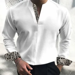 Clearance OUKU Men's Dress Shirt Tunic Shirts Leopard Print Casual Daily Black White Beige Long Sleeve Stand Collar Spring Fall Clothing Apparel