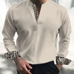 Clearance OUKU Men's Dress Shirt Tunic Shirts Leopard Print Casual Daily Black White Beige Long Sleeve Stand Collar Spring Fall Clothing Apparel