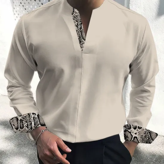 Clearance OUKU Men's Dress Shirt Tunic Shirts Leopard Print Casual Daily Black White Beige Long Sleeve Stand Collar Spring Fall Clothing Apparel