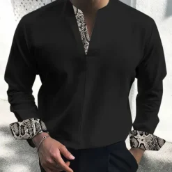 Clearance OUKU Men's Dress Shirt Tunic Shirts Leopard Print Casual Daily Black White Beige Long Sleeve Stand Collar Spring Fall Clothing Apparel