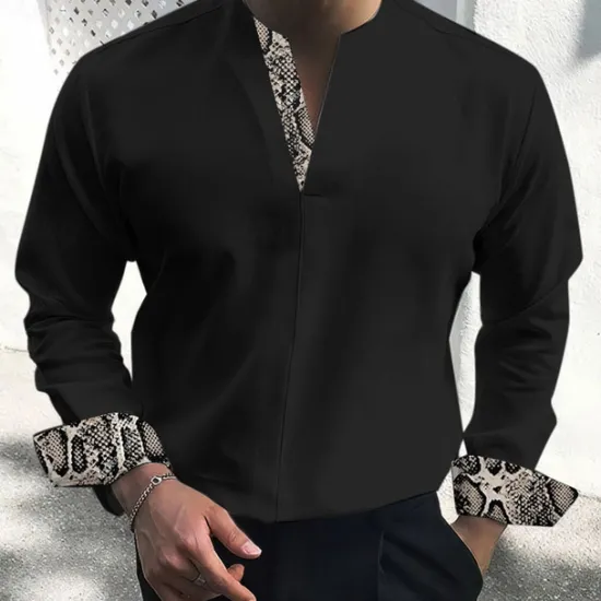Clearance OUKU Men's Dress Shirt Tunic Shirts Leopard Print Casual Daily Black White Beige Long Sleeve Stand Collar Spring Fall Clothing Apparel