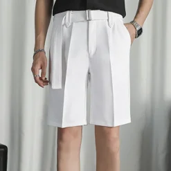 New OUKU Men's Dress Shorts Summer Shorts Bermuda shorts Work Shorts Pleated Plain Outdoor Going out Fashion Streetwear Black White Micro-elastic