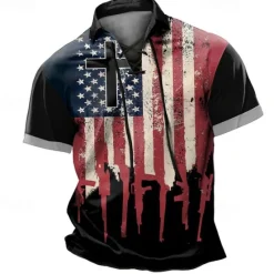 OUKU Men's Eagle American Flag Polo Shirts Golf Polos Shirts Short Sleeve Polo Shirts Lace Up Neck Vintage Outdoor Daily Wear Streetwear 3D Print Summer Red Blue