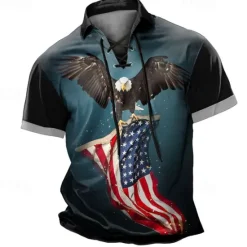 OUKU Men's Eagle American Flag Polo Shirts Golf Polos Shirts Short Sleeve Polo Shirts Lace Up Neck Vintage Outdoor Daily Wear Streetwear 3D Print Summer Red Blue