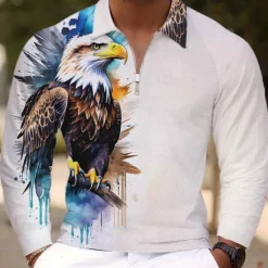 New OUKU Men's Eagle Patriotic Polo Shirts Golf Polos Shirts Long Sleeve Polo Shirts Collar Vacation Party Evening Wear Dailywear Zipper 3D Print Spring Fall & Winter White