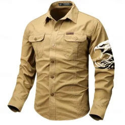 Hot OUKU Men's Eagle Work Shirt Western Shirt Cargo Shirt Long Sleeve Casual Tactical Sports & Outdoor Going out Winter Spring & Fall Turndown Print Black Grey Black White Army Green Red