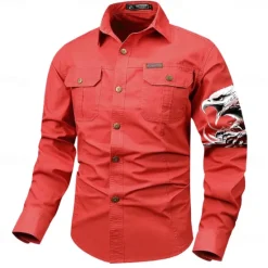 Hot OUKU Men's Eagle Work Shirt Western Shirt Cargo Shirt Long Sleeve Casual Tactical Sports & Outdoor Going out Winter Spring & Fall Turndown Print Black Grey Black White Army Green Red