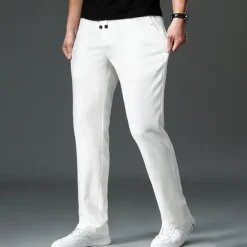 Discount OUKU Men's Easy Care Cotton Linen Athletic Pants Active Pants Trousers Drawstring Elastic Drawstring Waist Solid Color Wearable Full Length Formal Wedding Outdoor Elegant Vacation Light Khaki Black Micro-e