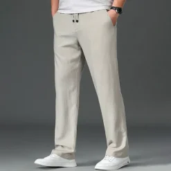 Discount OUKU Men's Easy Care Cotton Linen Athletic Pants Active Pants Trousers Drawstring Elastic Drawstring Waist Solid Color Wearable Full Length Formal Wedding Outdoor Elegant Vacation Light Khaki Black Micro-e