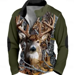 OUKU Men's Elk Camo Sweatshirt Sports Color Block Long Sleeve High Neck Outdoor Hunting Black Brown Zipper Quarter Zip Fall Winter Designer