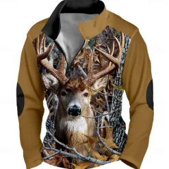 OUKU Men's Elk Camo Sweatshirt Sports Color Block Long Sleeve High Neck Outdoor Hunting Black Brown Zipper Quarter Zip Fall Winter Designer