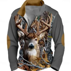 OUKU Men's Elk Camo Sweatshirt Sports Color Block Long Sleeve High Neck Outdoor Hunting Black Brown Zipper Quarter Zip Fall Winter Designer