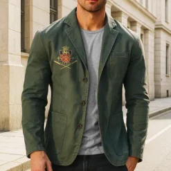 Hot OUKU Men's Emblem Print Cotton Suit Jacket Suits Coat Blazer Casual Outdoor Dailywear Long Sleeve Notch Lapel Collar Outwear Pockets Button Down Stripe Lined Suit Jacket Fall Winter Black khaki Army Green