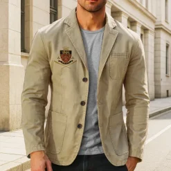 Hot OUKU Men's Emblem Print Cotton Suit Jacket Suits Coat Blazer Casual Outdoor Dailywear Long Sleeve Notch Lapel Collar Outwear Pockets Button Down Stripe Lined Suit Jacket Fall Winter Black khaki Army Green